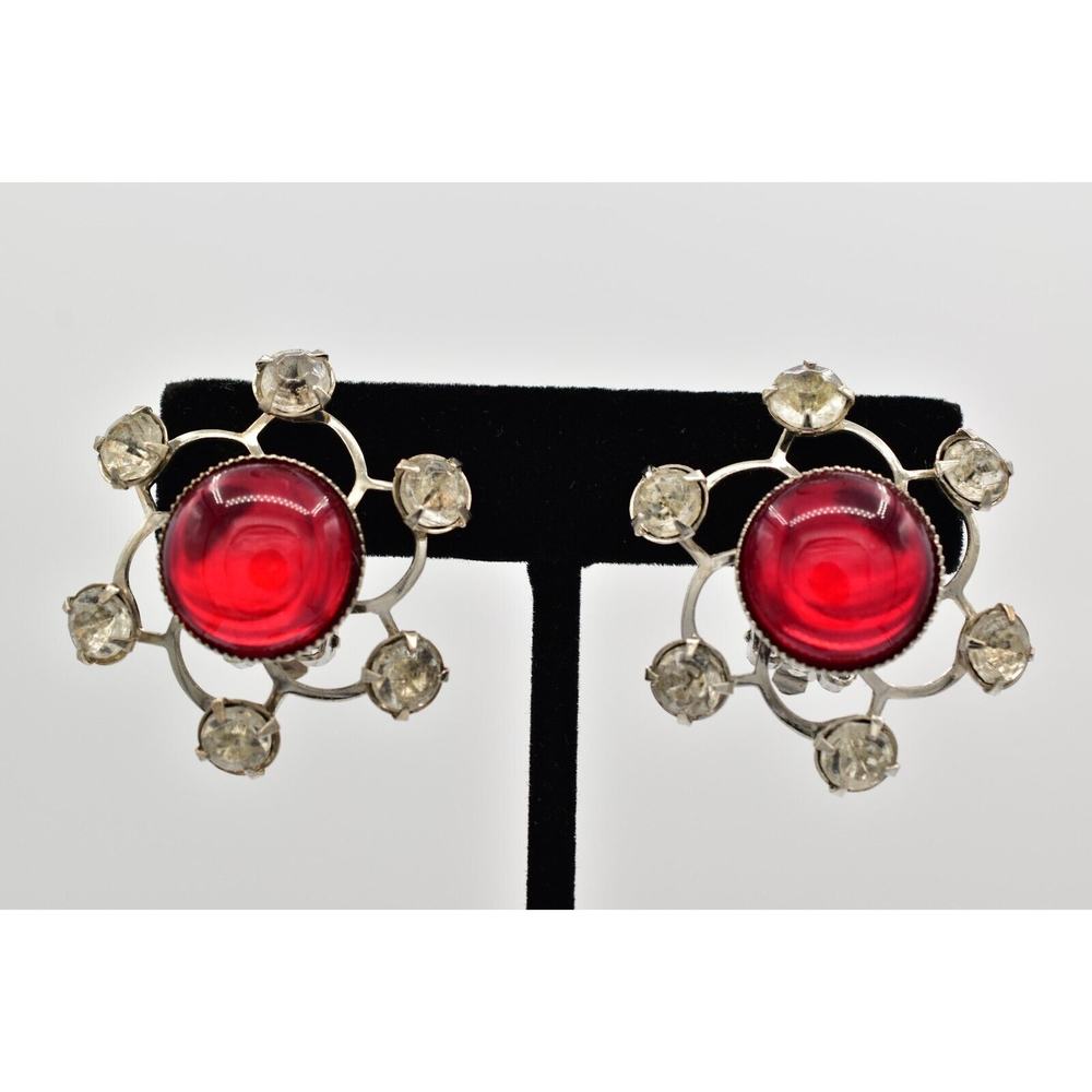 Vintage Cabochon Clip On Earrings Bright Red Starburst Chunky NOS 80s 1980s A23
